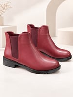 MARAL Kadın Bordo Cilt Yuvarlak Burun Lastik Detaylı 3 Cm Topuklu Kaymaz Taban Chelsea Bot Bootie