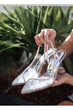 Marry Jow Kadın Gümüş Şeffaf Boncuk Taş İşlemeli Stiletto Topuklu Ayakkabı