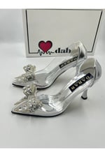 Marry Kadın Gümüş Şeffaf Rugan Taş Fiyonk Detaylı Stiletto Ayakkabı