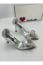 Marry Kadın Gümüş Şeffaf Rugan Taş Fiyonk Detaylı Stiletto Ayakkabı