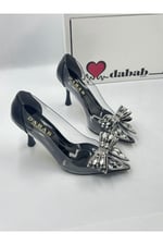 Marry Kadın Siyah Şeffaf Rugan Taş Fiyonk Detaylı Stiletto Ayakkabı