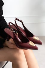 MEALIS Kadın Bordo Kırışık Rugan Sivri Burun Gold Aksesuarlı Bilekten Bantlı 7 Cm Topuklu Slingback Ayakkabı