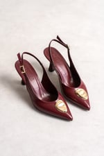 MEALIS Kadın Bordo Kırışık Rugan Sivri Burun Gold Aksesuarlı Bilekten Bantlı 7 Cm Topuklu Slingback Ayakkabı