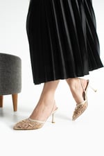 MEGGIE Kadın Bej Sivri Burun 7 cm Topuklu Tül Üzerine İnci İşlemeli Slingback Ayakkabı