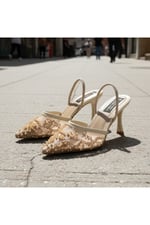 MEGGIE Kadın Bej Sivri Burun 7 cm Topuklu Tül Üzerine İnci İşlemeli Slingback Ayakkabı