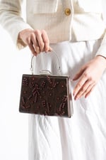 MEGGIE Kahve Ayakkabı Çanta Kombin Sivri Burun 7cm Topuklu İncili Slingback Ayakkabı ve Çanta Seti