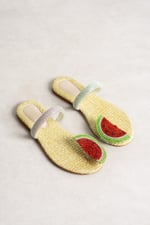 MELONY Kadın Hasır Taban Taşlı Karpuz Detaylı Yazlık Düz Taban Terlik