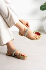 MELONY Kadın Hasır Taban Taşlı Karpuz Detaylı Yazlık Düz Taban Terlik