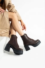 MELVIAN Kadın Acı Kahve Cilt Bağcıklı Fermuarlı İçi Kürklü 8 Cm Kalın Topuklu 3 Cm Platform Bot Bootie