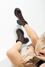 MELVIAN Kadın Acı Kahve Cilt Bağcıklı Fermuarlı İçi Kürklü 8 Cm Kalın Topuklu 3 Cm Platform Bot Bootie
