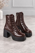MELVIAN Kadın Acı Kahve Kırışık Rugan Bağcıklı Fermuarlı İçi Kürklü 8 Cm Kalın Topuklu 3 Cm Platform