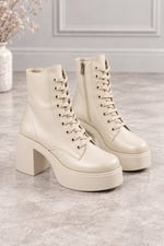 MELVIAN Kadın Bej Cilt Bağcıklı Fermuarlı İçi Kürklü 8 Cm Kalın Topuklu 3 Cm Platform Bot Bootie