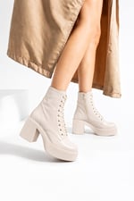 MELVIAN Kadın Bej Kırışık Rugan Bağcıklı Fermuarlı İçi Kürklü 8 Cm Kalın Topuklu 3 Cm Platform