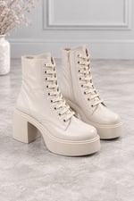 MELVIAN Kadın Bej Kırışık Rugan Bağcıklı Fermuarlı İçi Kürklü 8 Cm Kalın Topuklu 3 Cm Platform