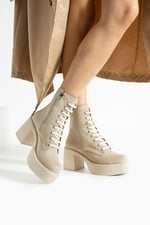 MELVIAN Kadın Bej Lüks Süet Bağcıklı Fermuarlı İçi Kürklü 8 Cm Kalın Topuklu 3 Cm Platform Bot Bootie