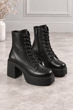 MELVIAN Kadın Siyah Cilt Bağcıklı Fermuarlı İçi Kürklü 8 Cm Kalın Topuklu 3 Cm Platform Bot Bootie