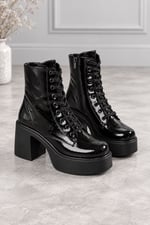 MELVIAN Kadın Siyah Kırışık Rugan Bağcıklı Fermuarlı İçi Kürklü 8 Cm Kalın Topuklu 3 Cm Platform