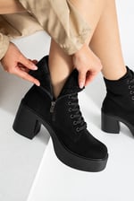 MELVIAN Kadın Siyah Lüks Süet Bağcıklı Fermuarlı İçi Kürklü 8 Cm Kalın Topuklu 3 Cm Platform Bot Bootie