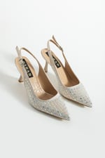 MERIA Kadın Altın 7 cm Sivri Burun Kristal Taş İşlemeli Slingback Topuklu Ayakkabı