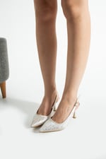 MERIA Kadın Altın 7 cm Sivri Burun Kristal Taş İşlemeli Slingback Topuklu Ayakkabı