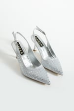 MERIA Kadın Gümüş 7 cm Sivri Burun Kristal Taş İşlemeli Slingback Topuklu Ayakkabı