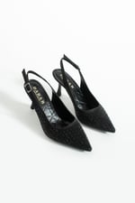 MERIA Kadın Siyah 7 cm Sivri Burun Kristal Taş İşlemeli Slingback Topuklu Ayakkabı