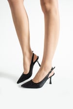 MERIA Kadın Siyah 7 cm Sivri Burun Kristal Taş İşlemeli Slingback Topuklu Ayakkabı