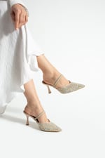 MINA Kadın Bej File Taşlı 7 cm Topuklu Slingback Sivri Burun Abiye Ayakkabı