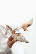 MINA Kadın Bej File Taşlı 7 cm Topuklu Slingback Sivri Burun Abiye Ayakkabı