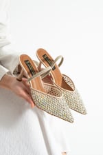 MINA Kadın Bej File Taşlı 7 cm Topuklu Slingback Sivri Burun Abiye Ayakkabı