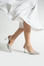 MINA Kadın Beyaz File Taşlı 7 cm Topuklu Slingback Sivri Burun Abiye Ayakkabı