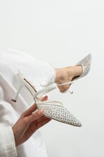 MINA Kadın Beyaz File Taşlı 7 cm Topuklu Slingback Sivri Burun Abiye Ayakkabı