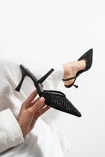 MINA Kadın Siyah File Taşlı 7 cm Topuklu Slingback Sivri Burun Abiye Ayakkabı