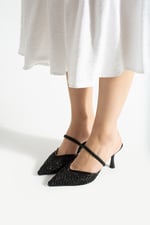 MINA Kadın Siyah File Taşlı 7 cm Topuklu Slingback Sivri Burun Abiye Ayakkabı