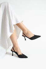 MINA Kadın Siyah File Taşlı 7 cm Topuklu Slingback Sivri Burun Abiye Ayakkabı
