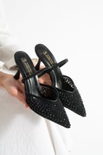MINA Kadın Siyah File Taşlı 7 cm Topuklu Slingback Sivri Burun Abiye Ayakkabı