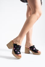 NALERA Kadın Siyah Platform Taban 9 cm Kalın Topuklu Denim Terlik Sandalet