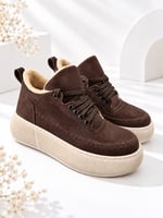NOLEN Kadın Acı Kahve Bağcıklı Lüks Süet İçi Kürklü 4 Cm Kalın Taban Sneaker Spor Ayakkabı
