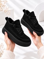 NOLEN Kadın Siyah Bağcıklı Lüks Süet İçi Kürklü 4 Cm Kalın Taban Sneaker Spor Ayakkabı