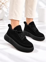 NOLEN Kadın Siyah Bağcıklı Lüks Süet İçi Kürklü 4 Cm Kalın Taban Sneaker Spor Ayakkabı