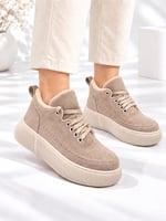 NOLEN Kadın Vizon Bağcıklı Lüks Süet İçi Kürklü 4 Cm Kalın Taban Sneaker Spor Ayakkabı