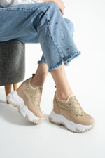 OLIVIA Bej Taş Detaylı 10 cm Gizli Topuk Platform Slip-On Sneaker Ayakkabı