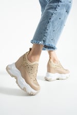 OLIVIA Bej Taş Detaylı 10 cm Gizli Topuk Platform Slip-On Sneaker Ayakkabı