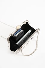 POLKIA Ekru Saten Kumaş Puantiye Desenli Zincir Askılı Klips Kapamalı Clutch Çanta