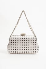 POLKIA Ekru Saten Kumaş Puantiye Desenli Zincir Askılı Klips Kapamalı Clutch Çanta