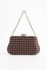 POLKIA Kahverengi Saten Kumaş Puantiye Desenli Zincir Askılı Klips Kapamalı Clutch Çanta