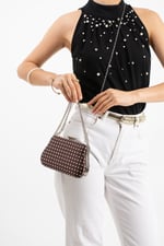 POLKIA Kahverengi Saten Kumaş Puantiye Desenli Zincir Askılı Klips Kapamalı Clutch Çanta