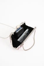 POLKIA Pembe Saten Kumaş Puantiye Desenli Zincir Askılı Klips Kapamalı Clutch Çanta