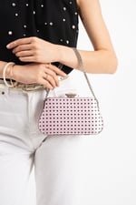 POLKIA Pembe Saten Kumaş Puantiye Desenli Zincir Askılı Klips Kapamalı Clutch Çanta