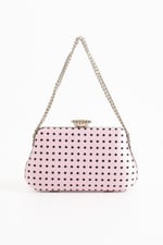 POLKIA Pembe Saten Kumaş Puantiye Desenli Zincir Askılı Klips Kapamalı Clutch Çanta